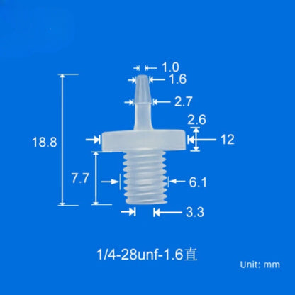 100/pk 1/4-28unf Male Thread to Barbed Fittings Tube Connectors PP Plastic