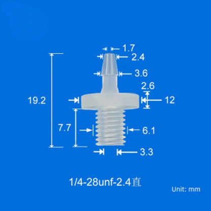 100/pk 1/4-28unf Male Thread to Barbed Fittings Tube Connectors PP Plastic