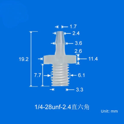 100/pk 1/4-28unf Male Thread to Barbed Fittings Tube Connectors PP Plastic