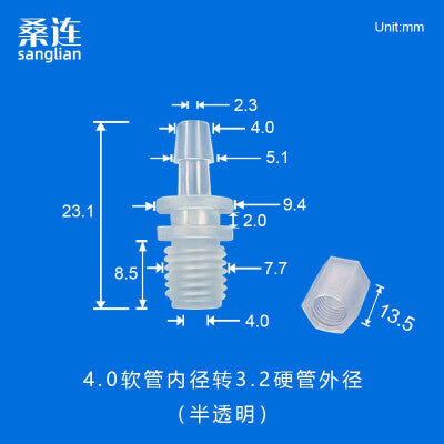 Threaded x Barb 1/16 1/8 3/32 5/32 PP Adapter, 1/16 3/32 1/8 5/32 Hose with  Rigid Tubing PTFE OD2.5 3.0 3.2mm Connectors