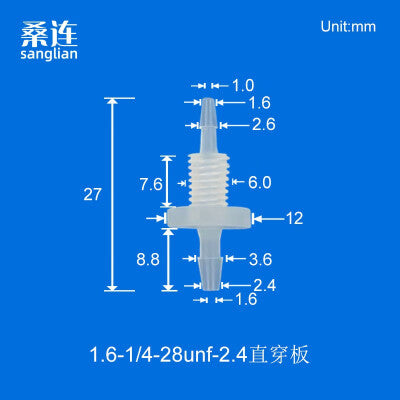 100/pk Reducing Barbed Bulkhead Fittings Thread 1/4-28UNF Panel Mouting Bulkhead Fittings Barb 1.6 2.4 3.2 4.0mm