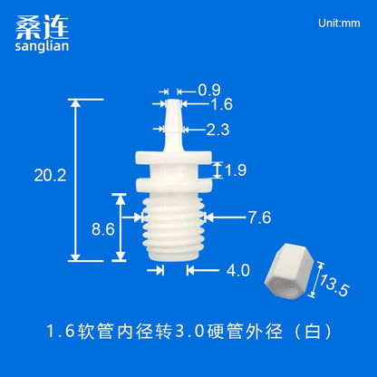 Threaded x Barb 1/16 1/8 3/32 5/32 PP Adapter, 1/16 3/32 1/8 5/32 Hose with  Rigid Tubing PTFE OD2.5 3.0 3.2mm Connectors