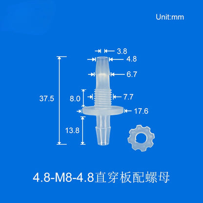 100/pk Plastic Barb to Barb Bulkhead Fittings with Threaded Ends - Ideal for Food Grade Hose Pipes - Includes 4.8-M8-4.8 Hex Nut