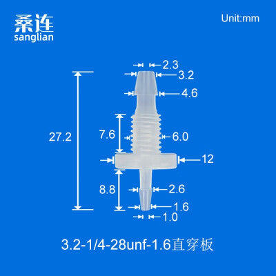 100/pk Reducing Barbed Bulkhead Fittings Thread 1/4-28UNF Panel Mouting Bulkhead Fittings Barb 1.6 2.4 3.2 4.0mm