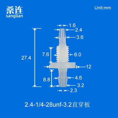 100/pk Reducing Barbed Bulkhead Fittings Thread 1/4-28UNF Panel Mouting Bulkhead Fittings Barb 1.6 2.4 3.2 4.0mm