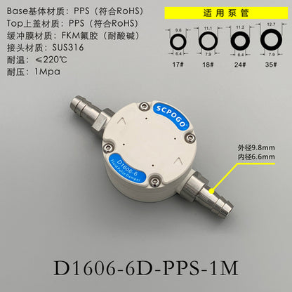 Amortiguador de pulso de fluido en miniatura D1606-6 para bomba peristáltica de diafragma que reduce la fluctuación y estabiliza la velocidad del flujo 