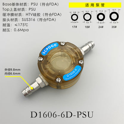 Amortiguador de pulso de fluido en miniatura D1606-6 para bomba peristáltica de diafragma que reduce la fluctuación y estabiliza la velocidad del flujo 