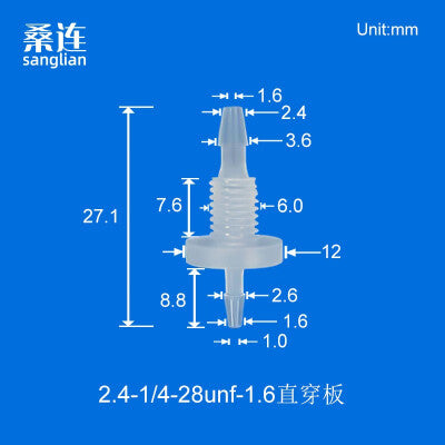 100/pk Reducing Barbed Bulkhead Fittings Thread 1/4-28UNF Panel Mouting Bulkhead Fittings Barb 1.6 2.4 3.2 4.0mm