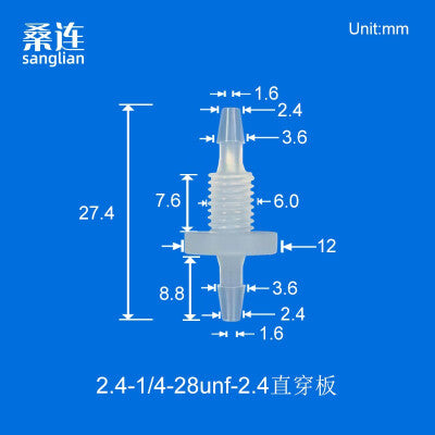 100/pk Reducing Barbed Bulkhead Fittings Thread 1/4-28UNF Panel Mouting Bulkhead Fittings Barb 1.6 2.4 3.2 4.0mm