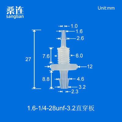 100/pk Reducing Barbed Bulkhead Fittings Thread 1/4-28UNF Panel Mouting Bulkhead Fittings Barb 1.6 2.4 3.2 4.0mm