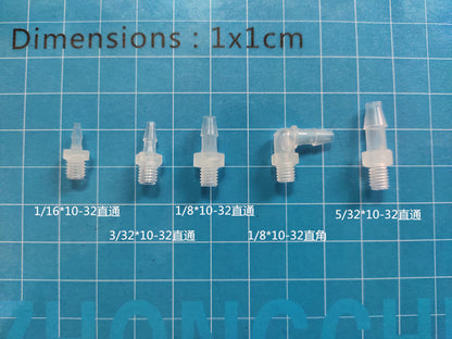 50/PK 10-32UNF Male Thread To Barb 1/16 3/32 1/8 PP Plastic Right Angle Thread Connector